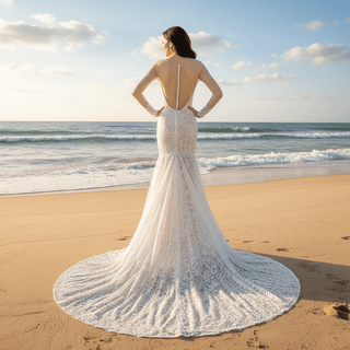 Sheer Long Sleeve Lace Fit Flare Wedding Dress with Sweetheat Neck - Rosymae