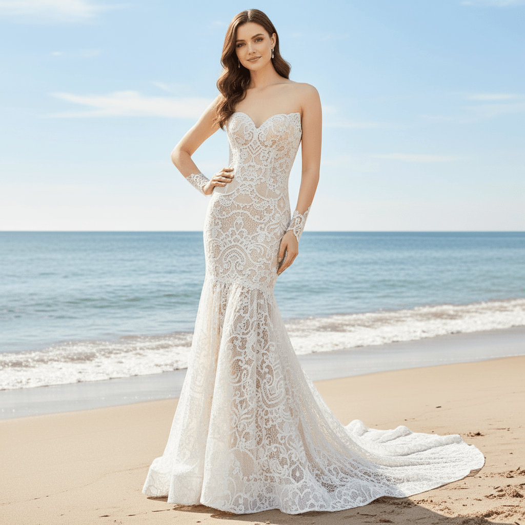 Sheer Long Sleeve Lace Fit Flare Wedding Dress with Sweetheat Neck - Rosymae