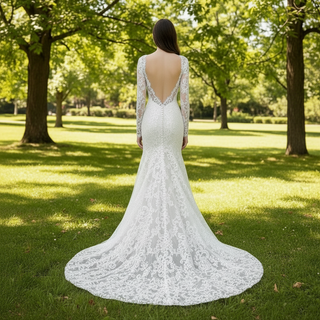 Romantic Mermaid Lace Princess Wedding Dresses with Long Sheer Sleeves