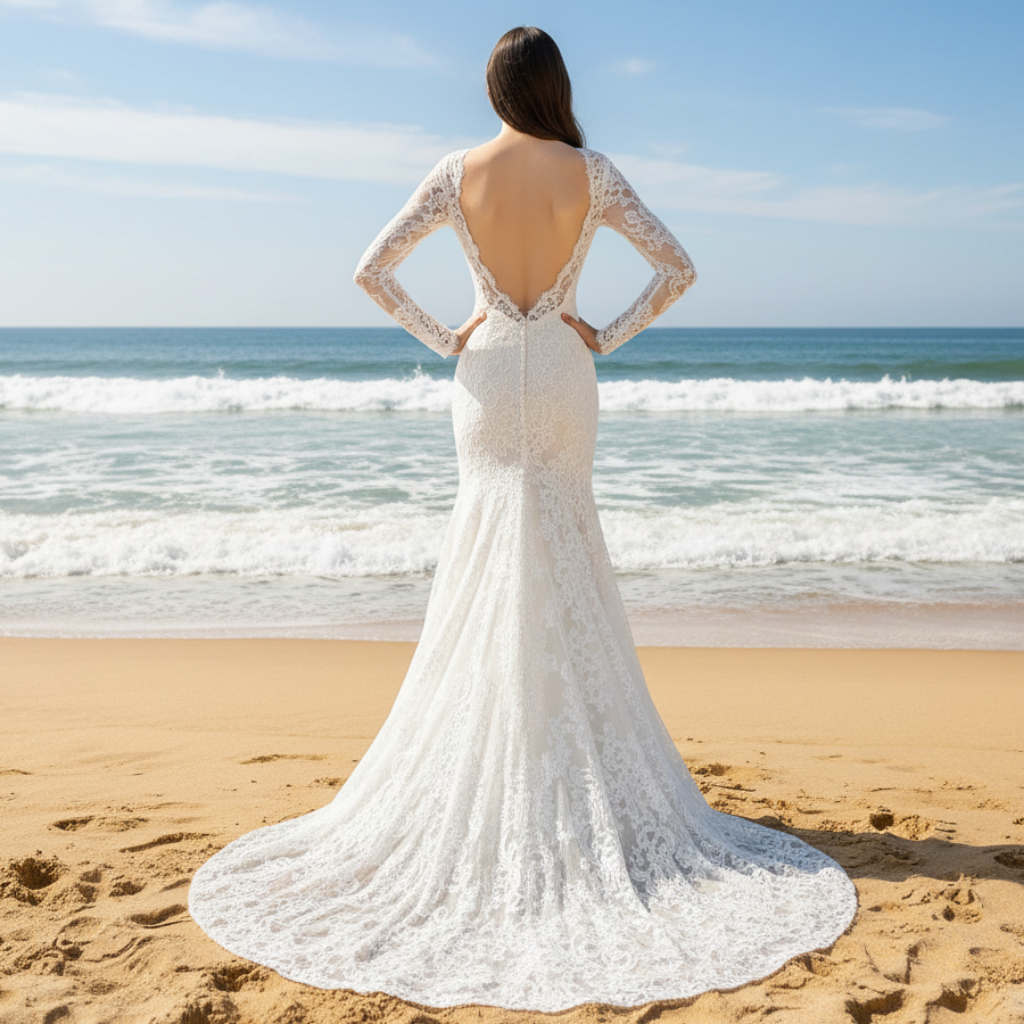 Romantic Mermaid Lace Princess Wedding Dresses with Long Sheer Sleeves Champagne / 24W Romantic Mermaid Lace Princess Wedding Dresses with Long Sheer Sleeves Champagne / 24W