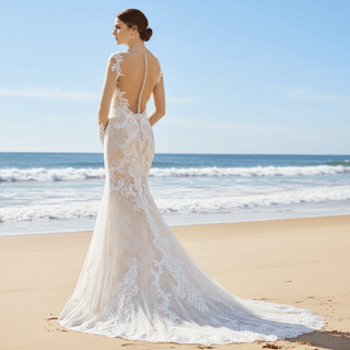 Sheer Long Sleeve Mermaid Fit Flare Wedding Dress with High Back - Rosymae