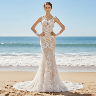 Sheer Long Sleeve Mermaid Fit Flare Wedding Dress with High Back - Rosymae