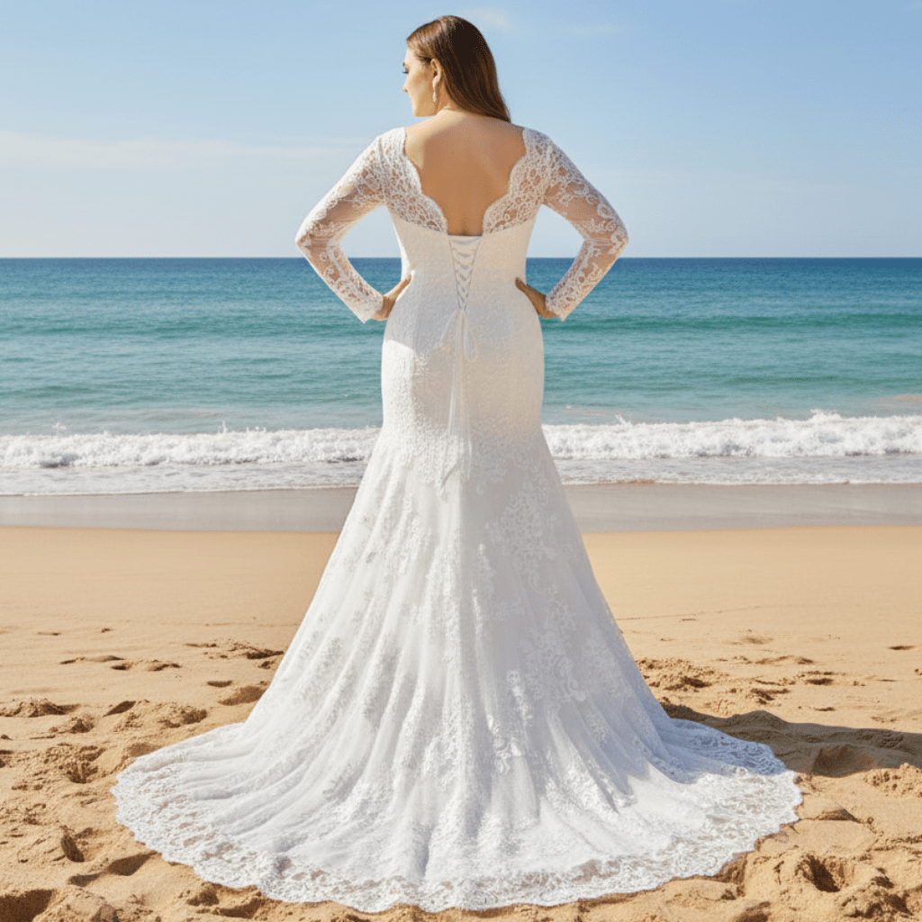 Sheer Long Sleeve Mermaid Lace Plus Size Wedding Dress - Rosymae