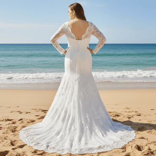 Sheer Long Sleeve Mermaid Lace Plus Size Wedding Dress - Rosymae
