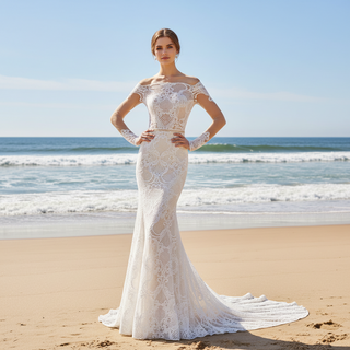 Asymmetrical Neck Fit Flare Lace Wedding Dress with Long Sleeve