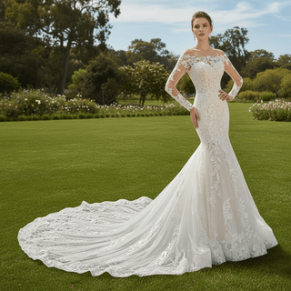 Sheer Long Sleeve Mermaid Wedding Dress with Lace Covered - Rosymae