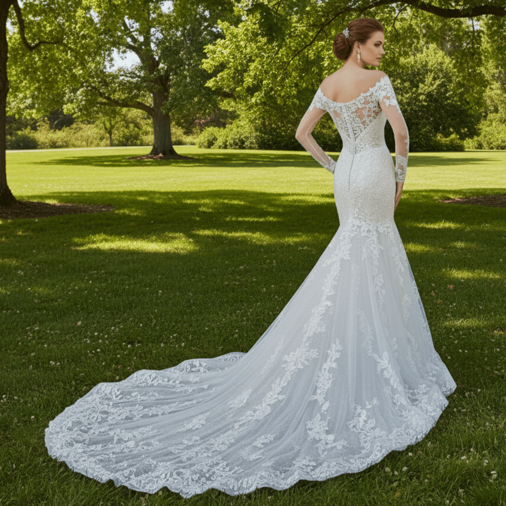 Sheer Long Sleeve Mermaid Wedding Dress with Lace Covered - Rosymae