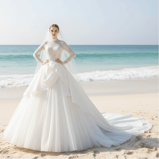 Sheer Long Sleeve O-neck TurtleNeck Muslim Wedding Dresses - Rosymae