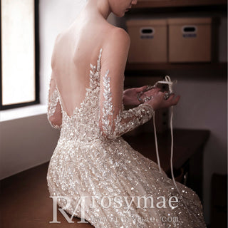 Sheer Neck Long Sleeve Mermaid Wedding Dress With Detachable Train