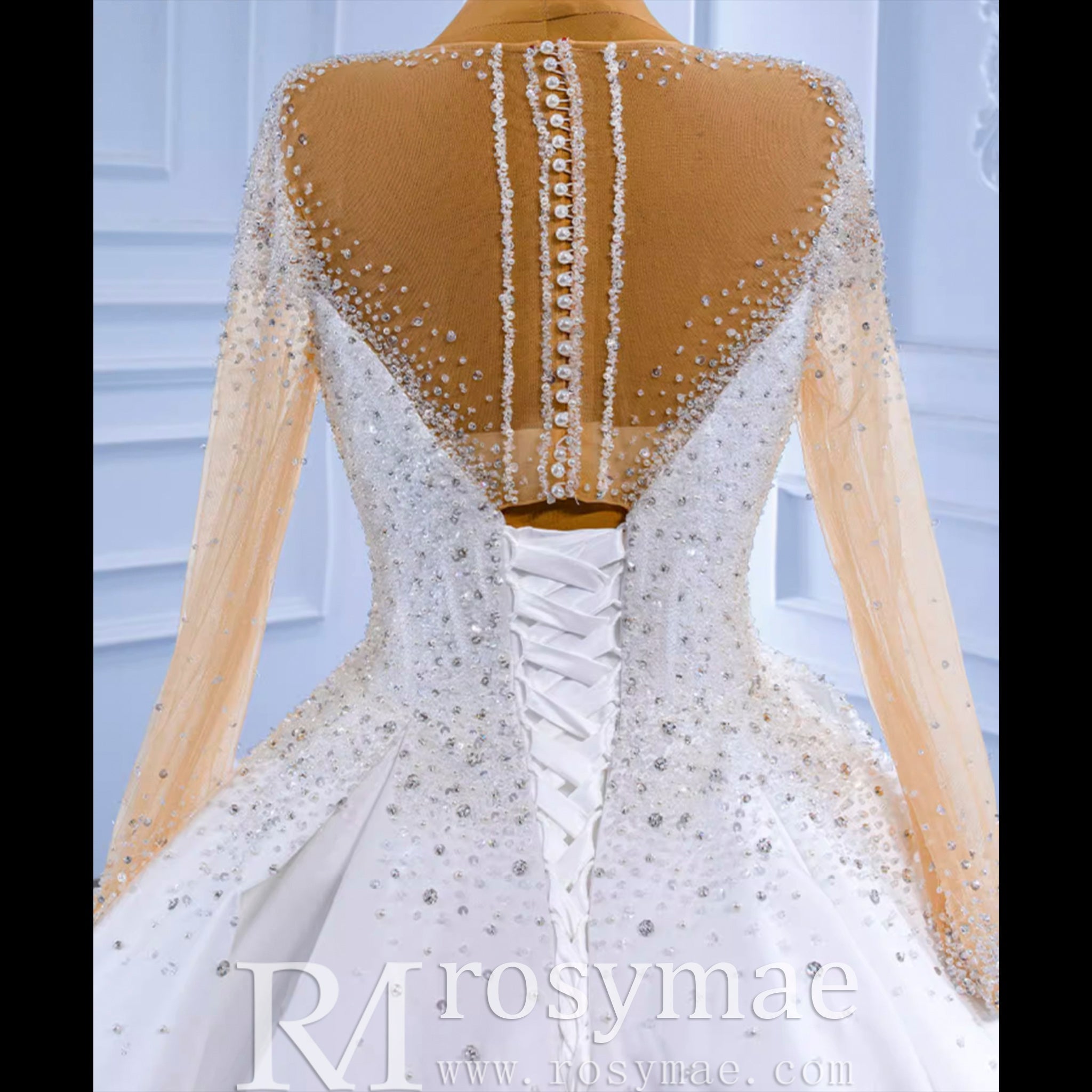 Sheer Long Sleeve Satin Ball Gown Wedding Dress with Sheer Neck - Rosymae