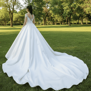 Sheer Long Sleeve Satin Ball Gown Wedding Dress with Sheer Neck - Rosymae