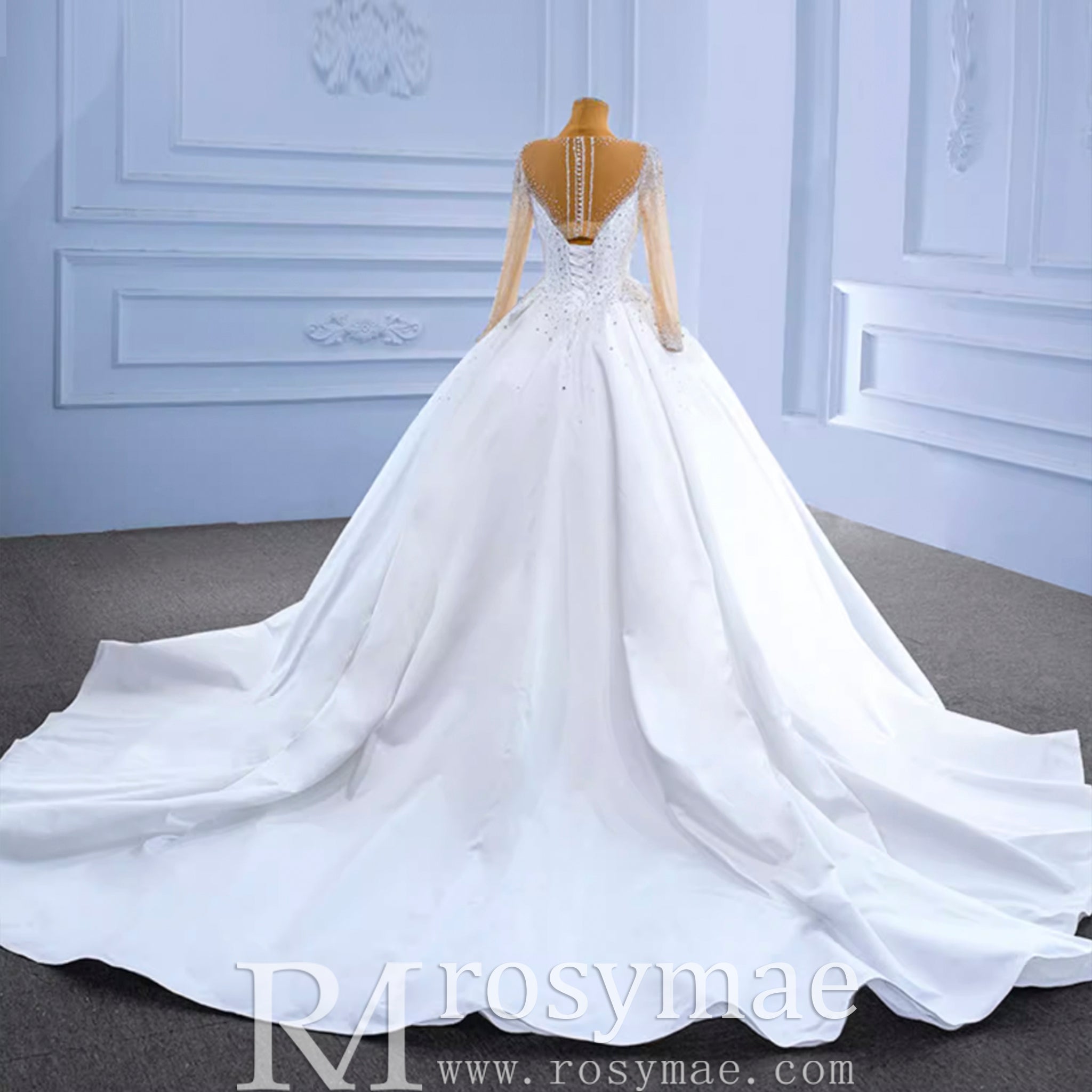 Sheer Long Sleeve Satin Ball Gown Wedding Dress with Sheer Neck - Rosymae