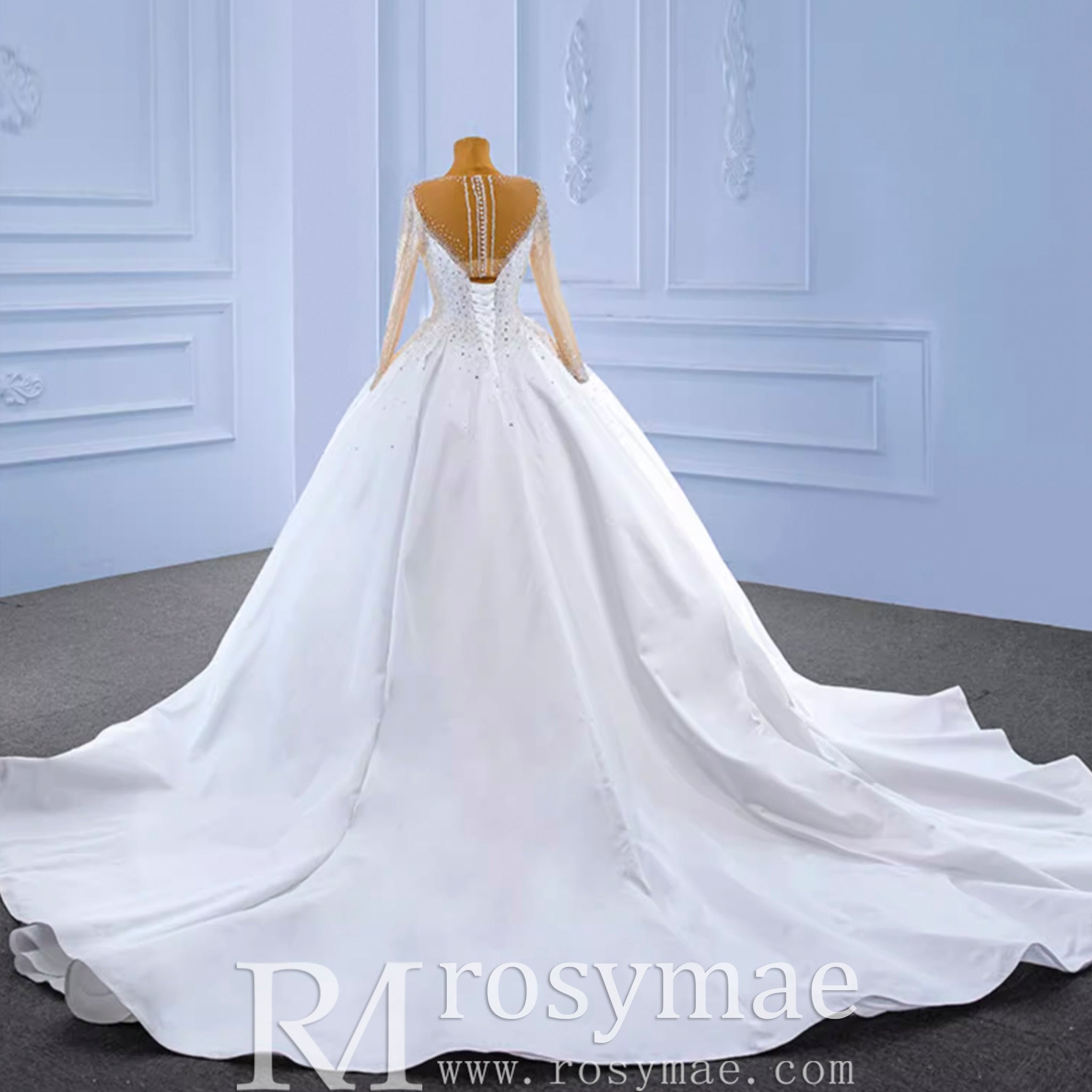 Sheer Long Sleeve Satin Ball Gown Wedding Dress with Sheer Neck - Rosymae