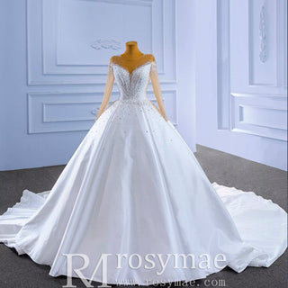 Sheer Long Sleeve Satin Ball Gown Wedding Dress with Sheer Neck - Rosymae