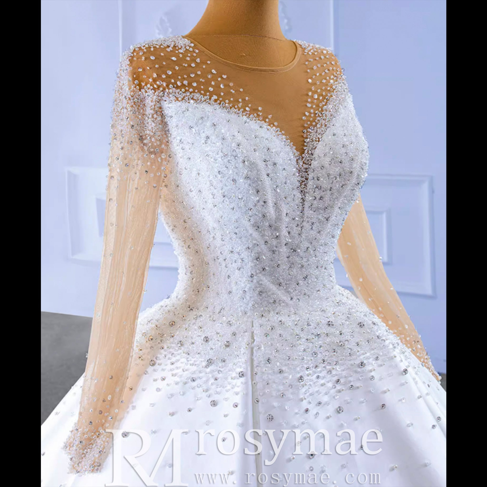 Sheer Long Sleeve Satin Ball Gown Wedding Dress with Sheer Neck - Rosymae