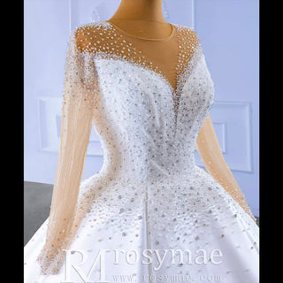 Sheer Long Sleeve Satin Ball Gown Wedding Dress with Sheer Neck - Rosymae