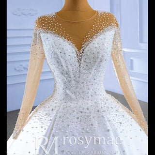 Sheer Long Sleeve Satin Ball Gown Wedding Dress with Sheer Neck - Rosymae