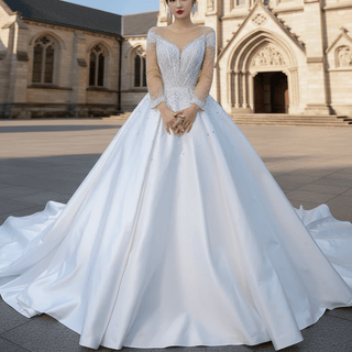 Sheer Long Sleeve Satin Ball Gown Wedding Dress with Sheer Neck - Rosymae