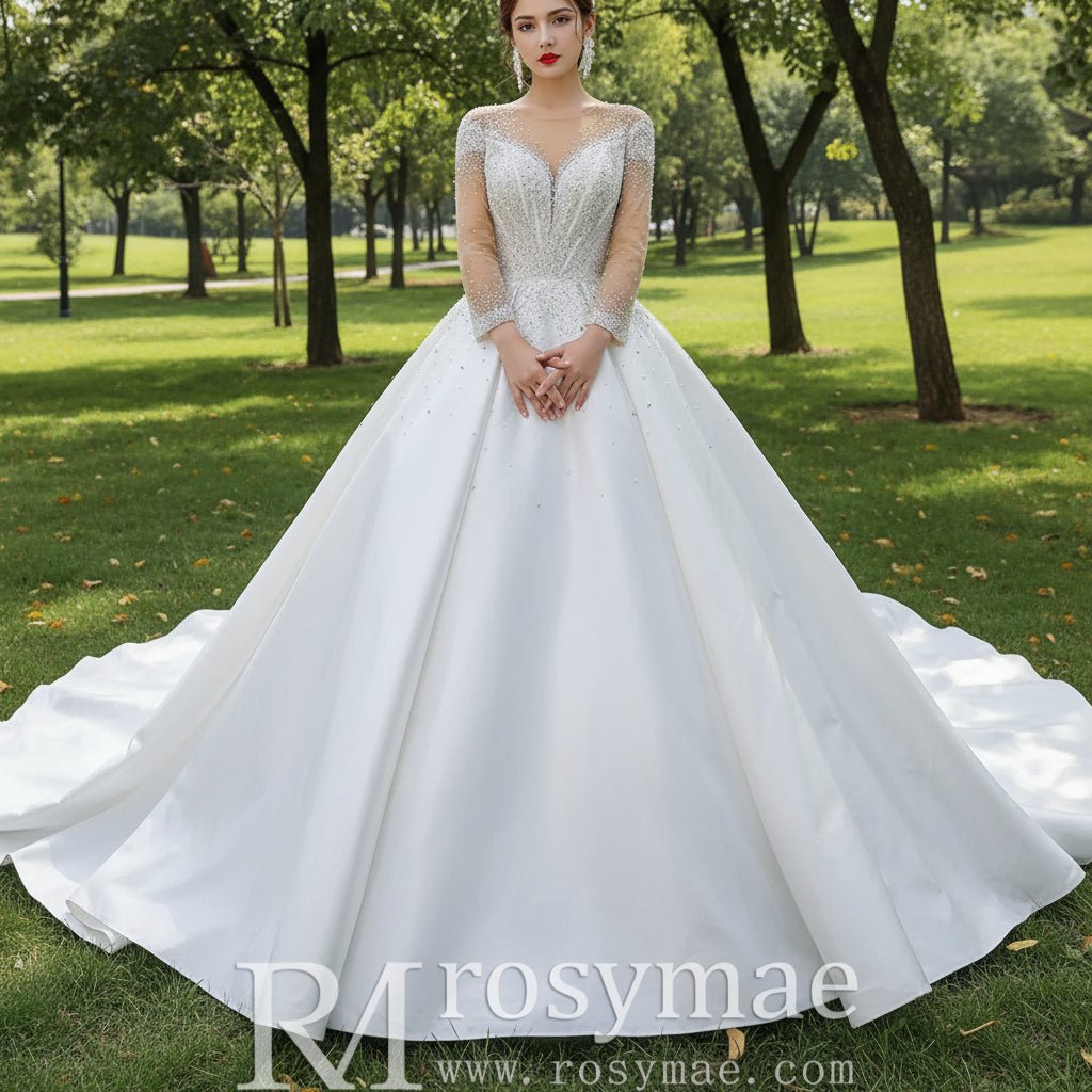 Sheer Long Sleeve Satin Ball Gown Wedding Dress with Sheer Neck - Rosymae