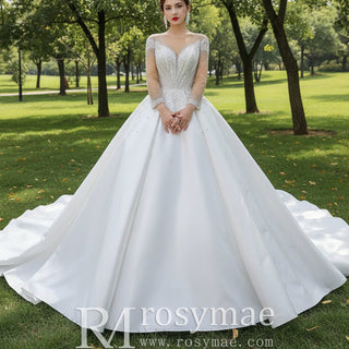 Sheer Long Sleeve Satin Ball Gown Wedding Dress with Sheer Neck - Rosymae