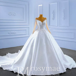 Sheer Long Sleeve Satin Ball Gown Wedding Dress with Sheer Neck - Rosymae