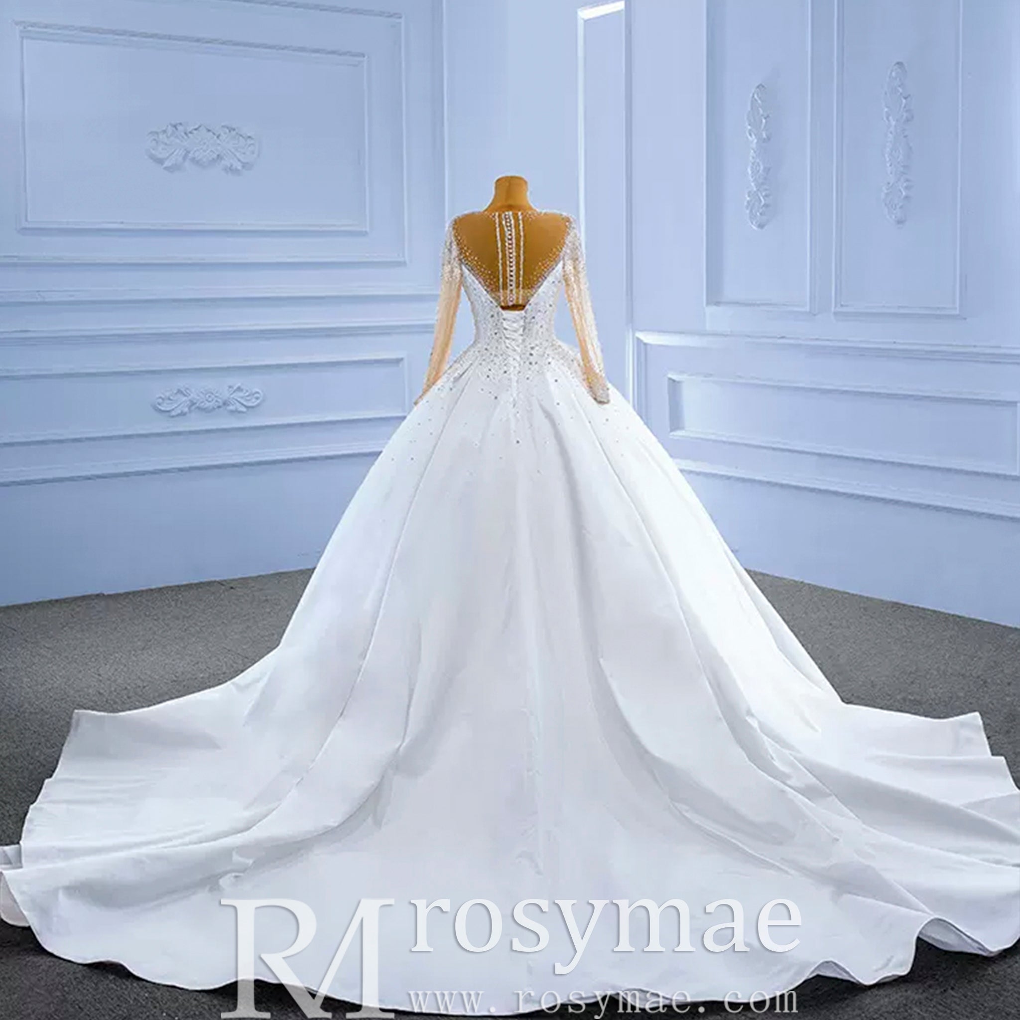 Sheer Long Sleeve Satin Ball Gown Wedding Dress with Sheer Neck - Rosymae