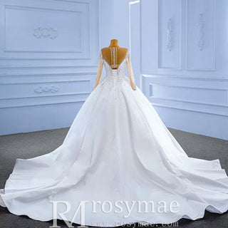 Sheer Long Sleeve Satin Ball Gown Wedding Dress with Sheer Neck - Rosymae