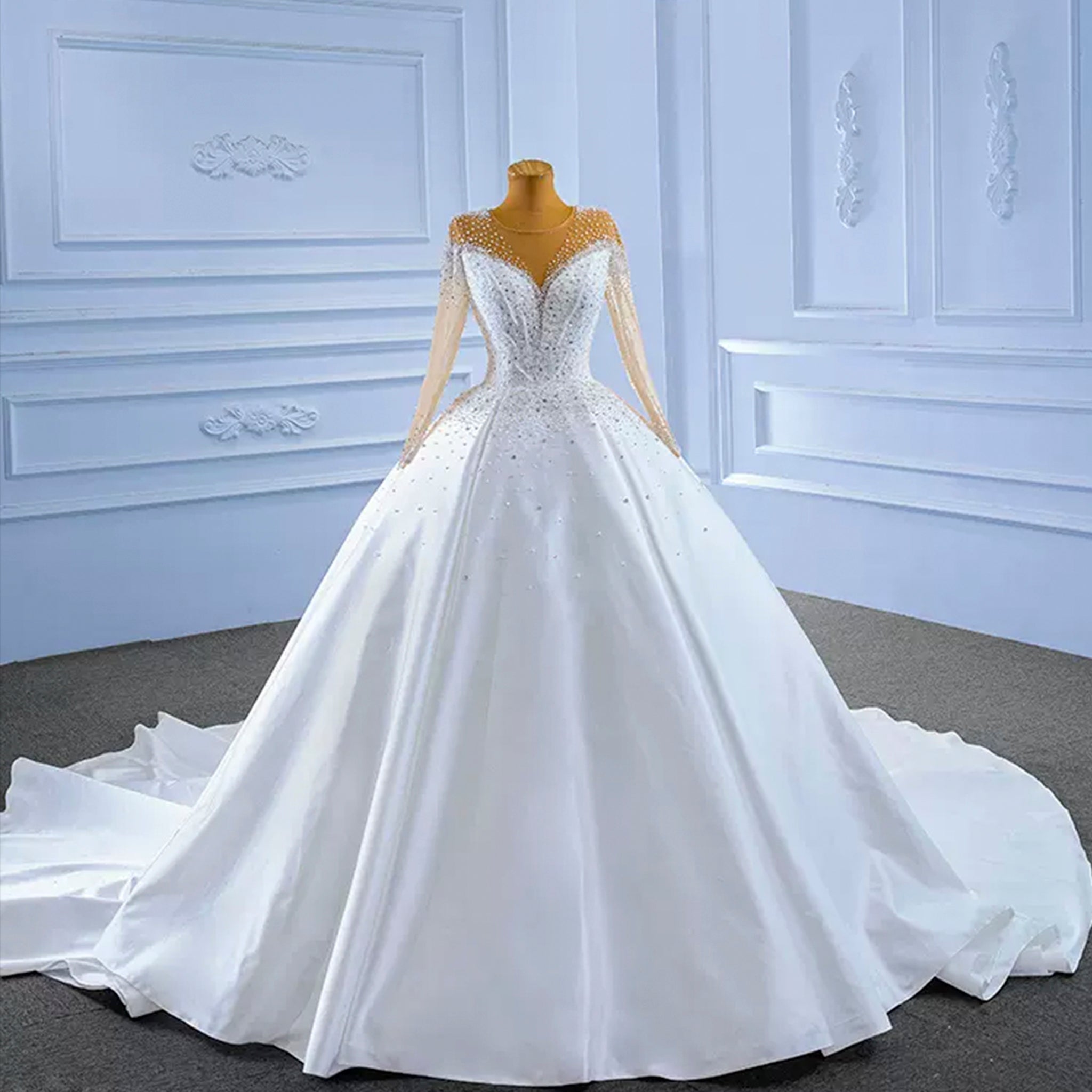 Sheer Long Sleeve Satin Ball Gown Wedding Dress with Sheer Neck - Rosymae