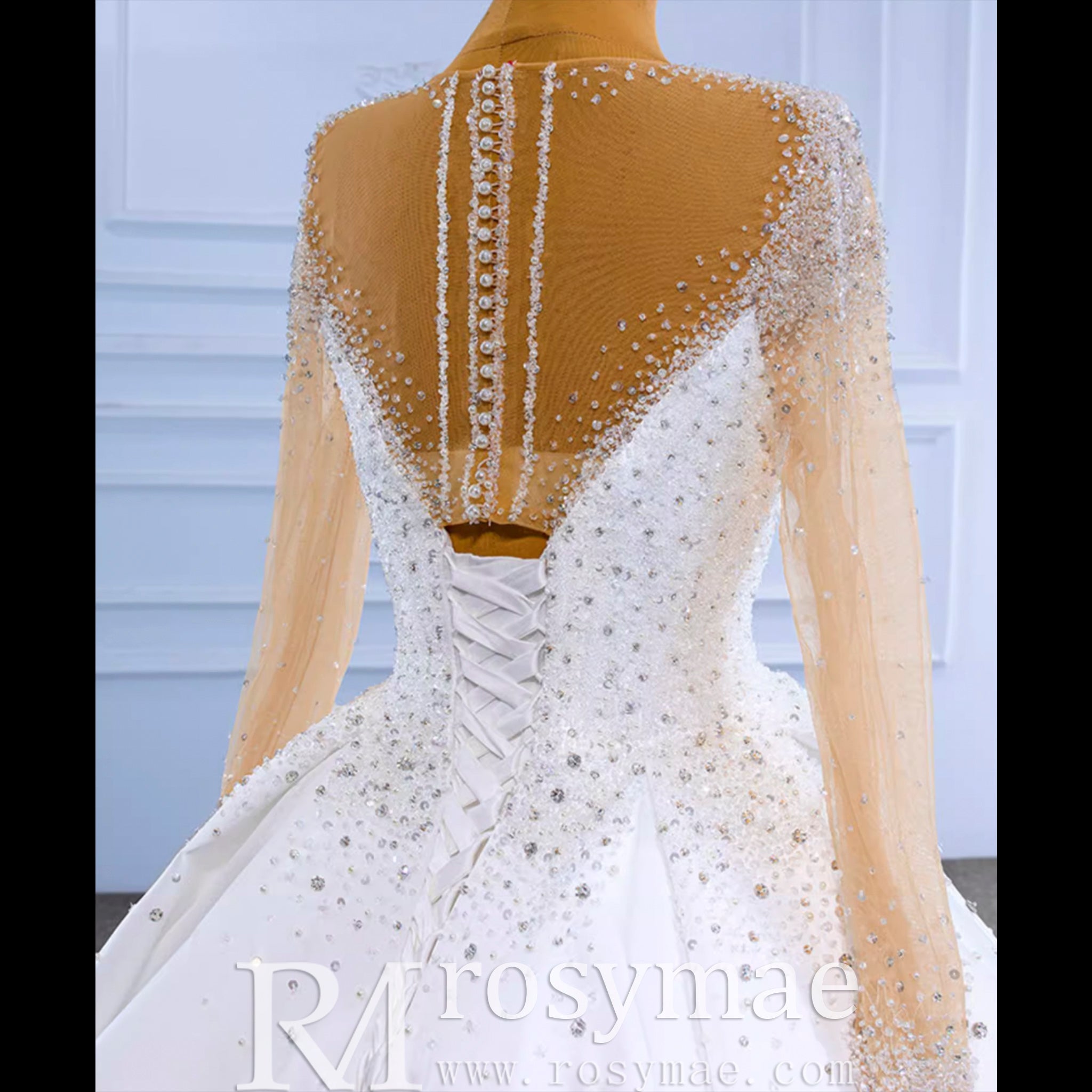 Sheer Long Sleeve Satin Ball Gown Wedding Dress with Sheer Neck - Rosymae