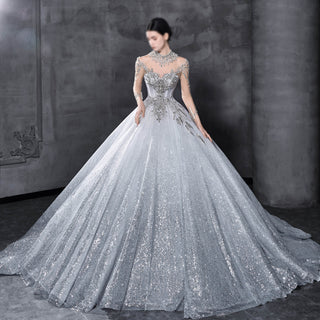 Luxury Crystals Ball Gown Wedding Dresses with Sheer Long Sleeves