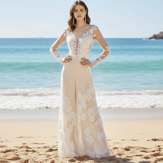 Sheer Long Sleeves Jumpsuit Wedding Dresses Bridal Gowns - Rosymae