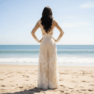 Sheer Long Sleeves Jumpsuit Wedding Dresses Bridal Gowns - Rosymae
