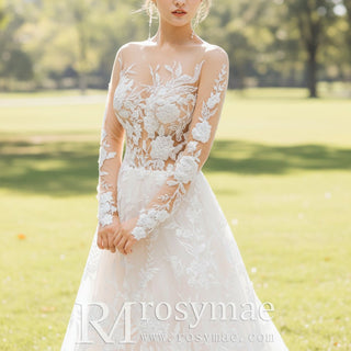 Sheer Long Sleeves Wedding Dresses & Gowns for Women - Rosymae