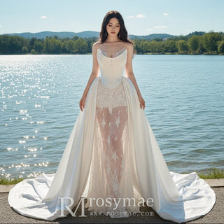 Sheer Mid Back Wedding Dress with Spaghetti Straps - Rosymae