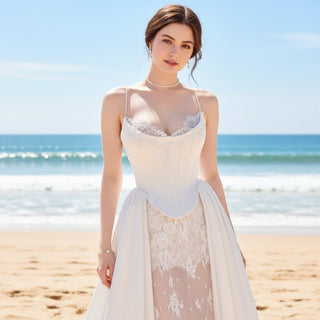Sheer Mid Back Wedding Dress with Spaghetti Straps - Rosymae