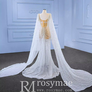 Sheer Modern Pearl Wedding Dress with Long Cape Sleeves And Slit - Rosymae