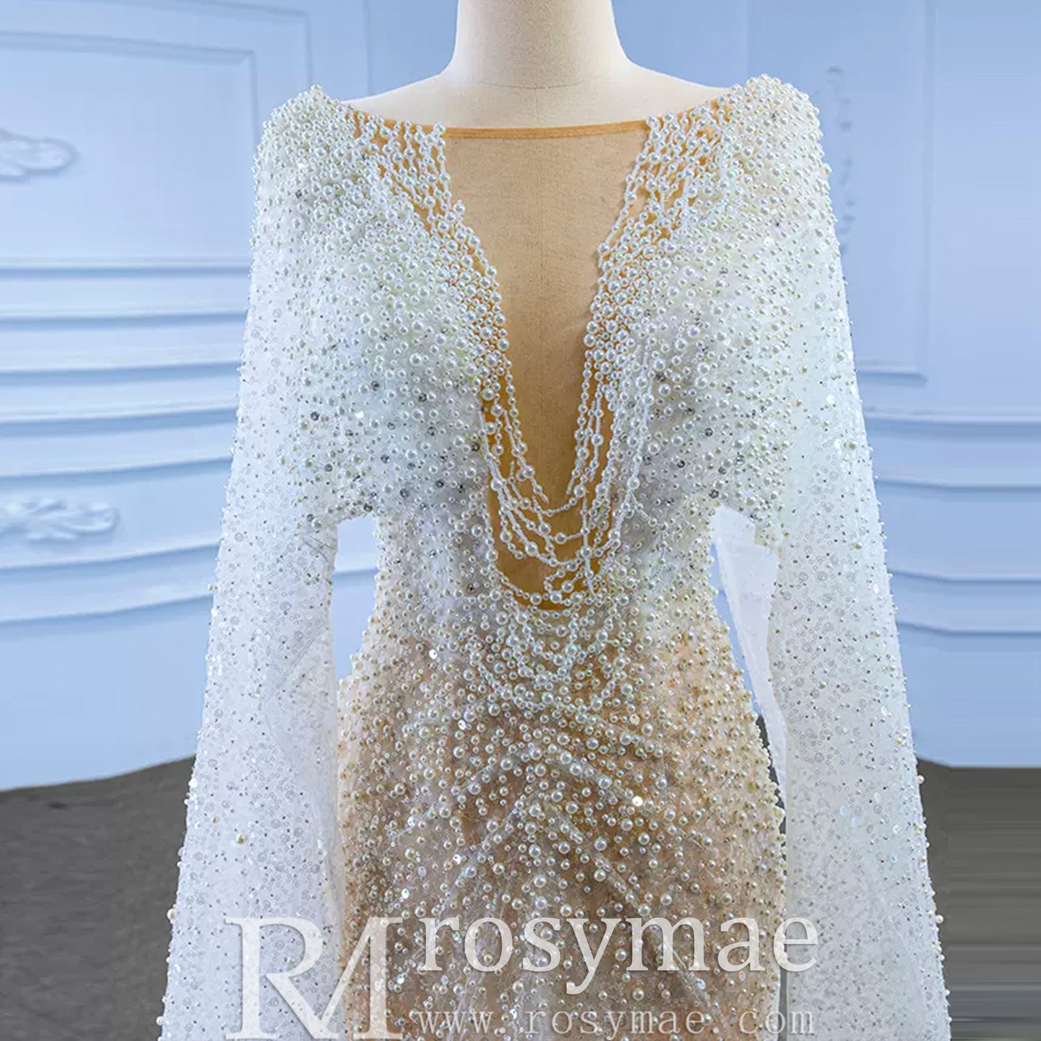 Sheer Modern Pearl Wedding Dress with Long Cape Sleeves And Slit - Rosymae