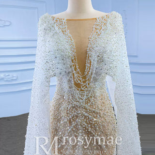 Sheer Modern Pearl Wedding Dress with Long Cape Sleeves And Slit - Rosymae