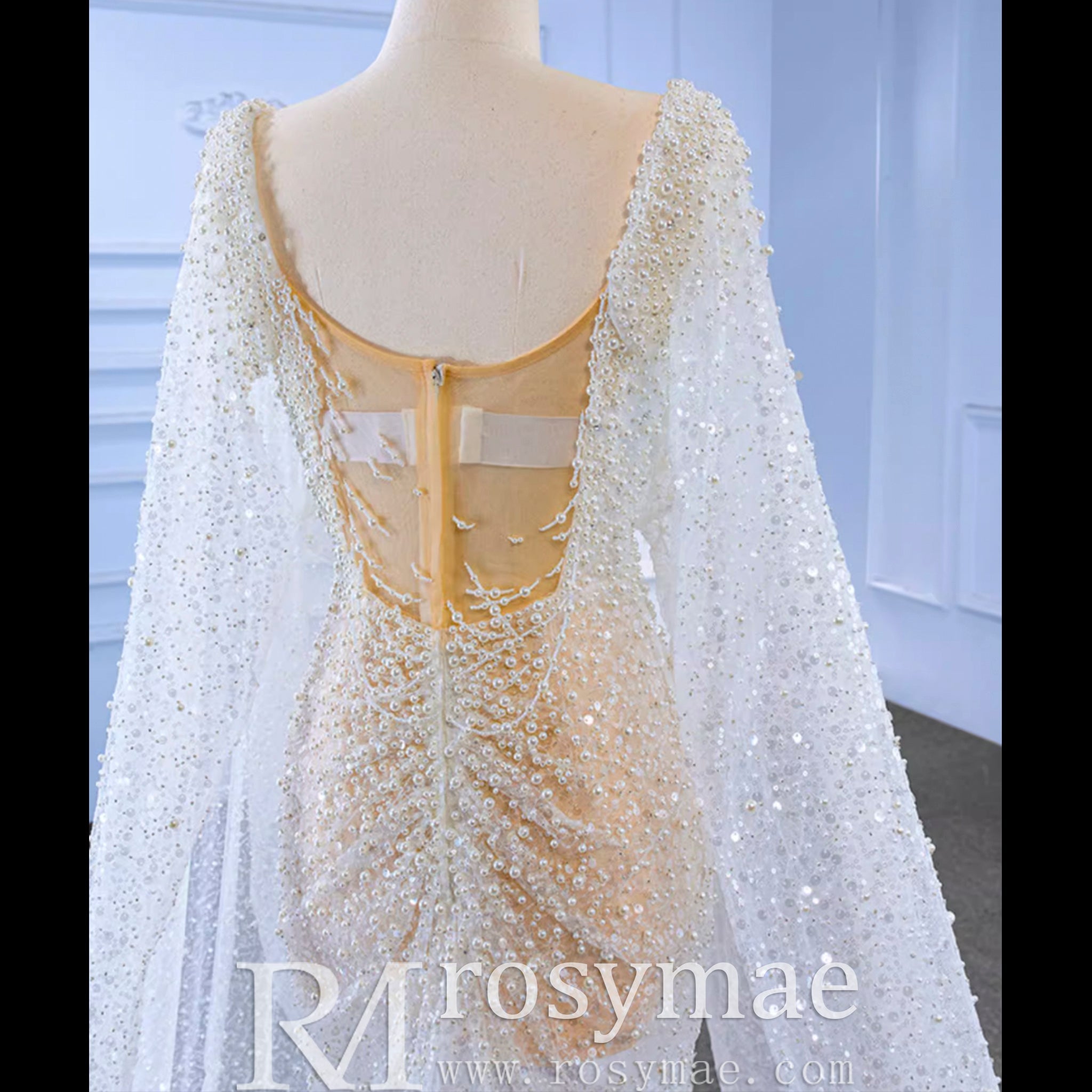 Sheer Modern Pearl Wedding Dress with Long Cape Sleeves And Slit - Rosymae