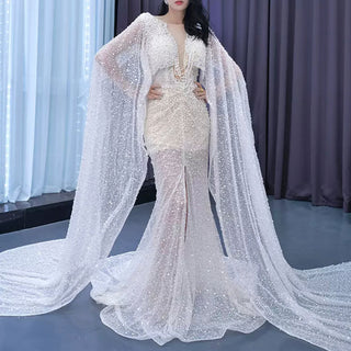 Sheer Modern Pearl Wedding Dress with Long Cape Sleeves And Slit - Rosymae