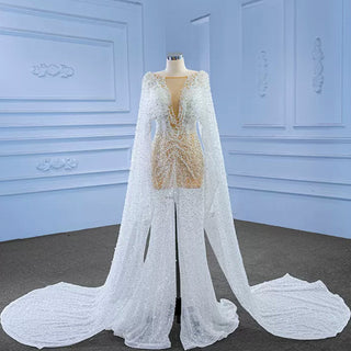 Sheer Modern Pearl Wedding Dress with Long Cape Sleeves And Slit - Rosymae