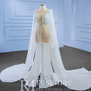 Sheer Modern Pearl Wedding Dress with Long Cape Sleeves And Slit - Rosymae