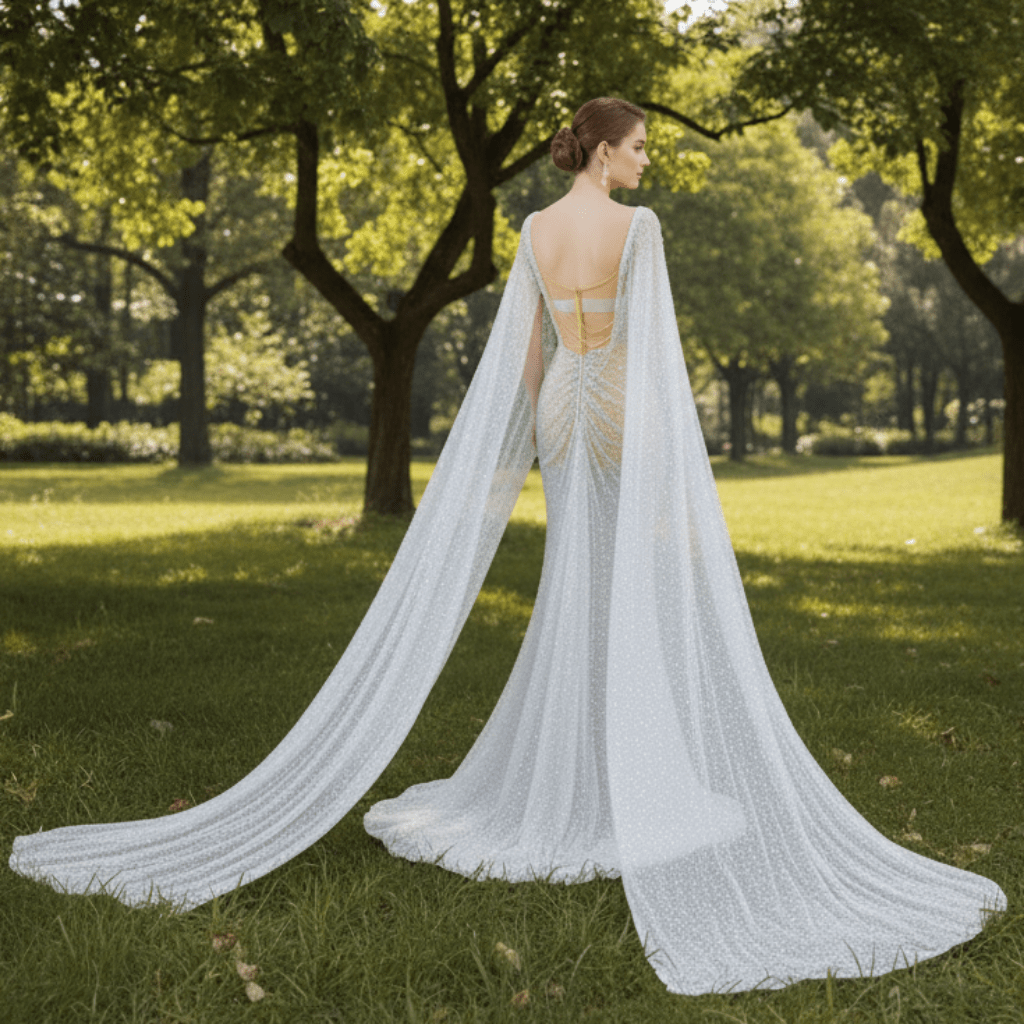 Sheer Modern Pearl Wedding Dress with Long Cape Sleeves And Slit - Rosymae