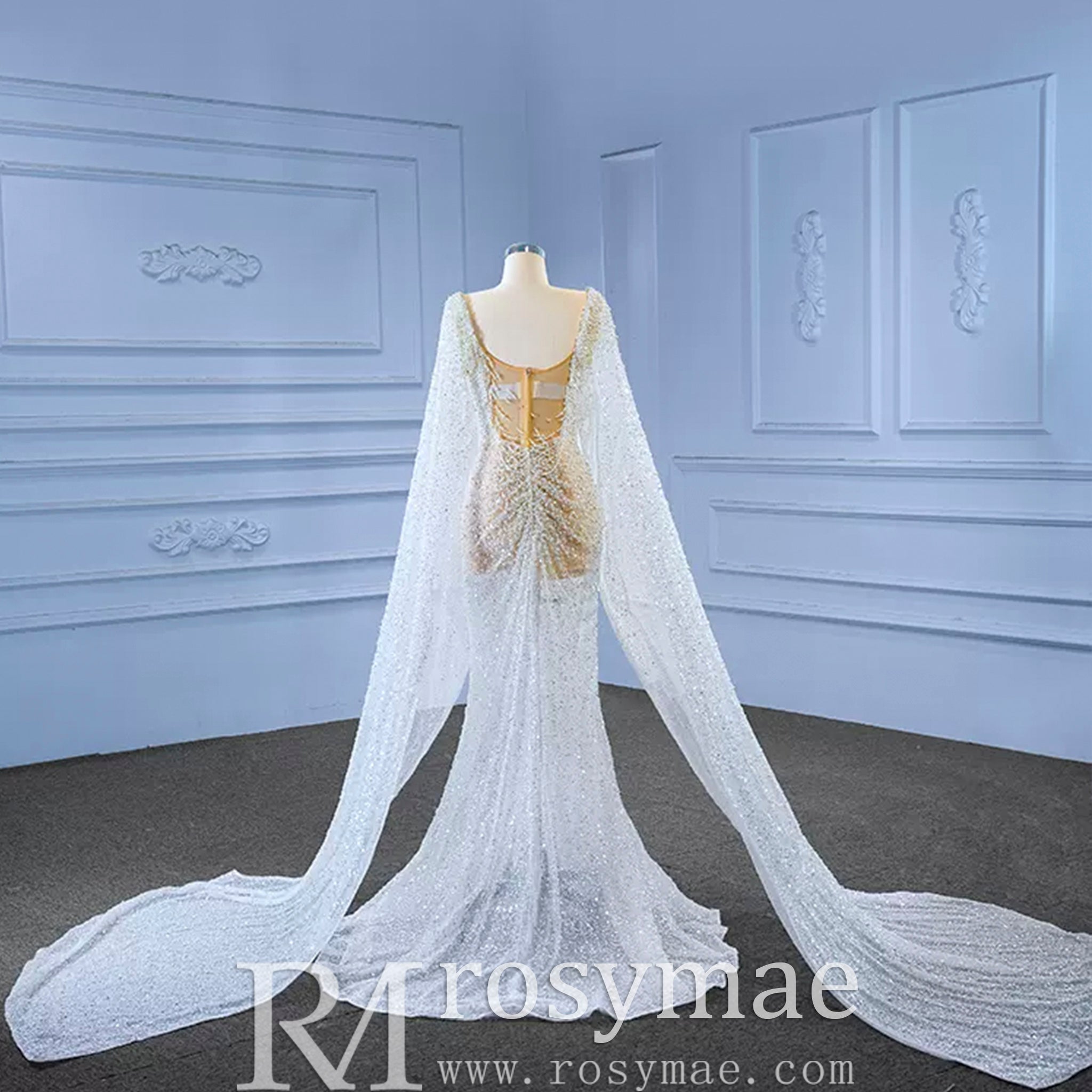Sheer Modern Pearl Wedding Dress with Long Cape Sleeves And Slit - Rosymae