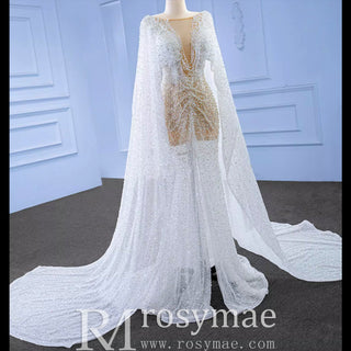 Sheer Modern Pearl Wedding Dress with Long Cape Sleeves And Slit - Rosymae