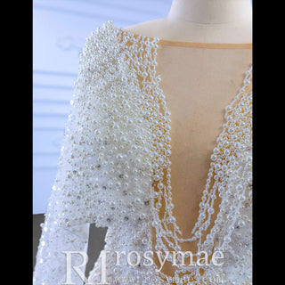 Sheer Modern Pearl Wedding Dress with Long Cape Sleeves And Slit - Rosymae