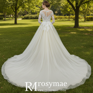 Sheer Ballgown Champagne Wedding Dresses & Gowns with 3/4 Sleeves