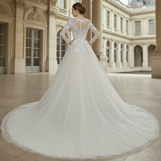 Sheer Ballgown Champagne Wedding Dresses & Gowns with 3/4 Sleeves