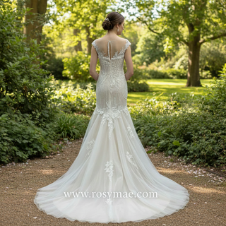 Elegant Sheer Neck Mermaid Wedding Dress with Cap Sleeve for Bride