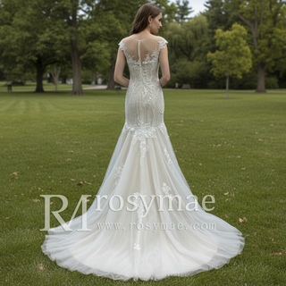 Elegant Sheer Neck Mermaid Wedding Dress with Cap Sleeve for Bride